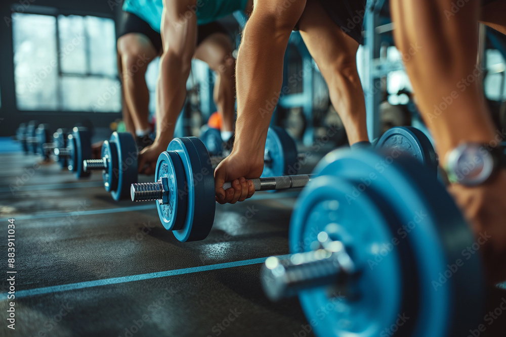 Close-up of a group of people lifting dumbbells off the floor. With fitness equipment behind people exercising and building muscles at the gym; healthy lifestyle Close-up of a group of people lifting dumbbells off the floor. With fitness equipment behind people exercising and building muscles at the gym; healthy lifestyle