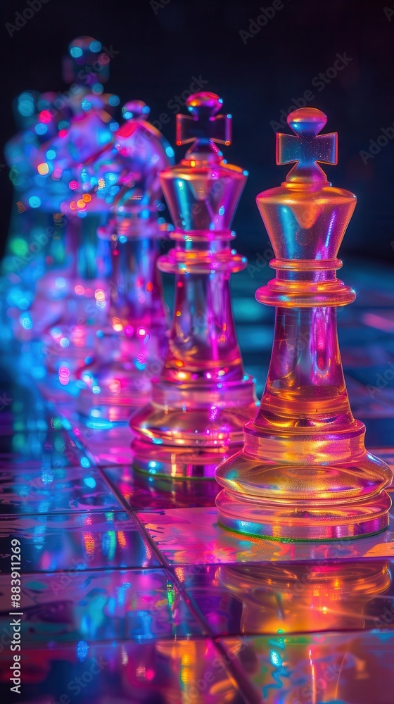 Vibrant chess pieces illuminated with multi-colored lights create a stunning effect on a reflective surface, highlighting strategy and elegance. Vibrant chess pieces illuminated with multi-colored lights create a stunning effect on a reflective surface, highlighting strategy and elegance.
