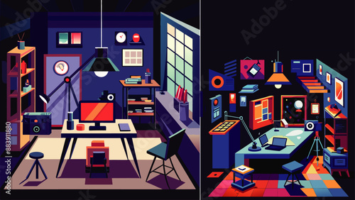 Artistic Darkroom with Developing Photos Vector Illustration
