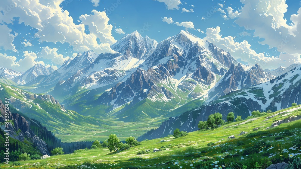 Majestic Mountain Landscape with Green Meadow and Blue Sky. Majestic Mountain Landscape with Green Meadow and Blue Sky.