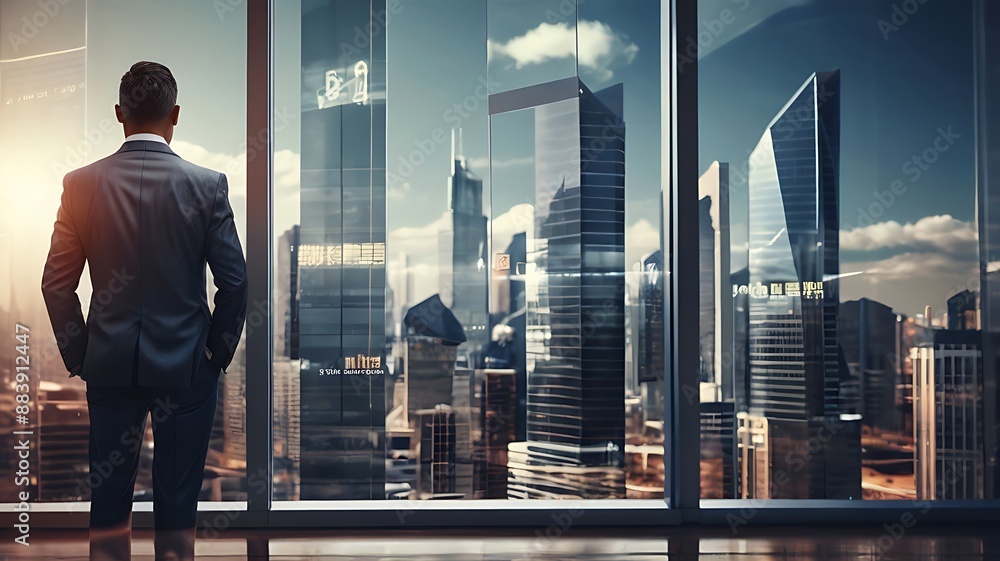 back of businessman in suit with business office glass modern buildings background back of businessman in suit with business office glass modern buildings background
