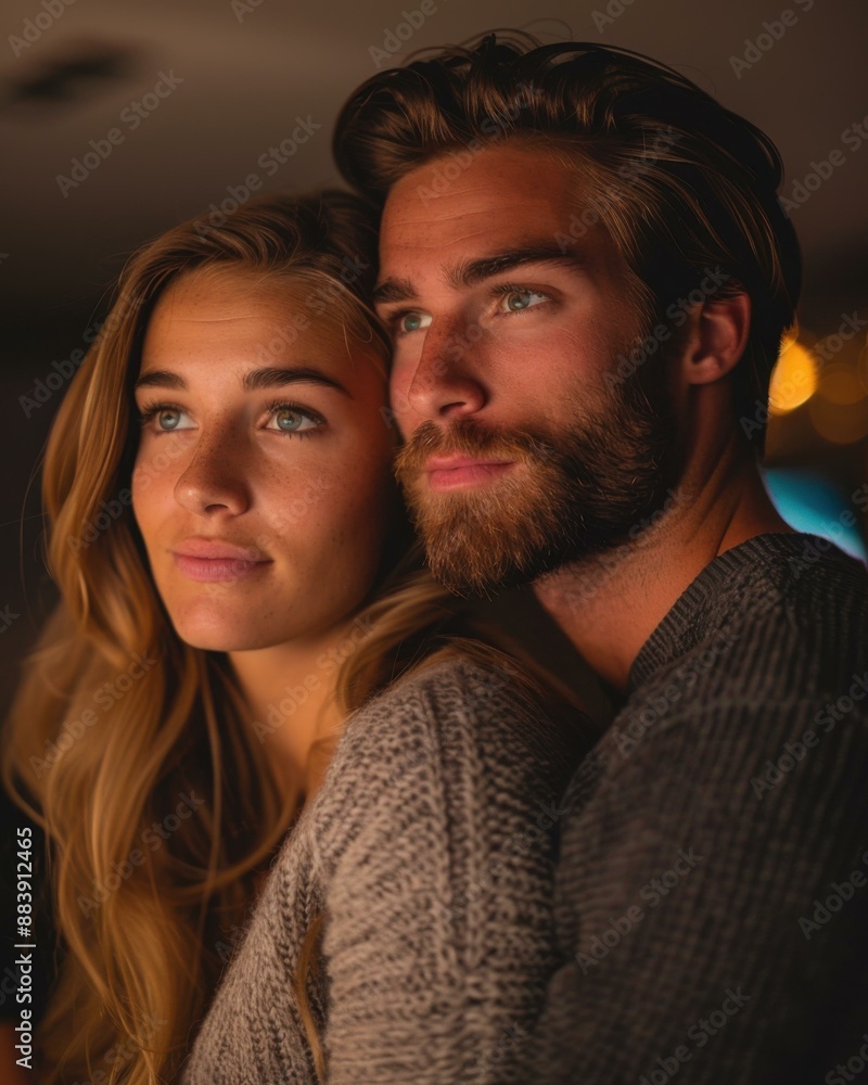 A man and woman looking at each other while sitting next to a tv. AI. A man and woman looking at each other while sitting next to a tv. AI.