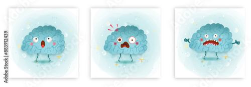 Human brain water brush style in 3 moods. Water brush brain on watercolor background vector for web design on white.Vector illustrator