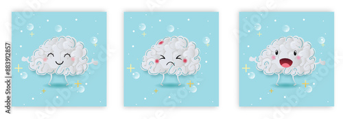 Human brain water brush style in 3 moods. Water brush brain on watercolor background vector for web design on white.Vector illustrator