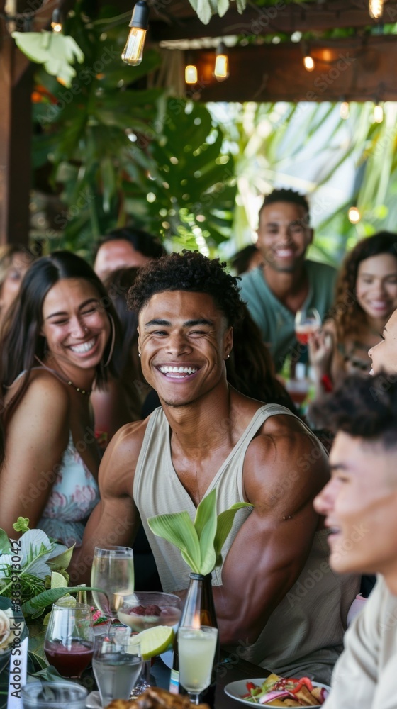 A group of diverse friends are enjoying a meal together at a restaurant. AI. A group of diverse friends are enjoying a meal together at a restaurant. AI.