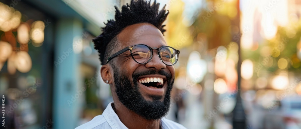 Fototapeta premium A young man with a beard and glasses is smiling. AI.