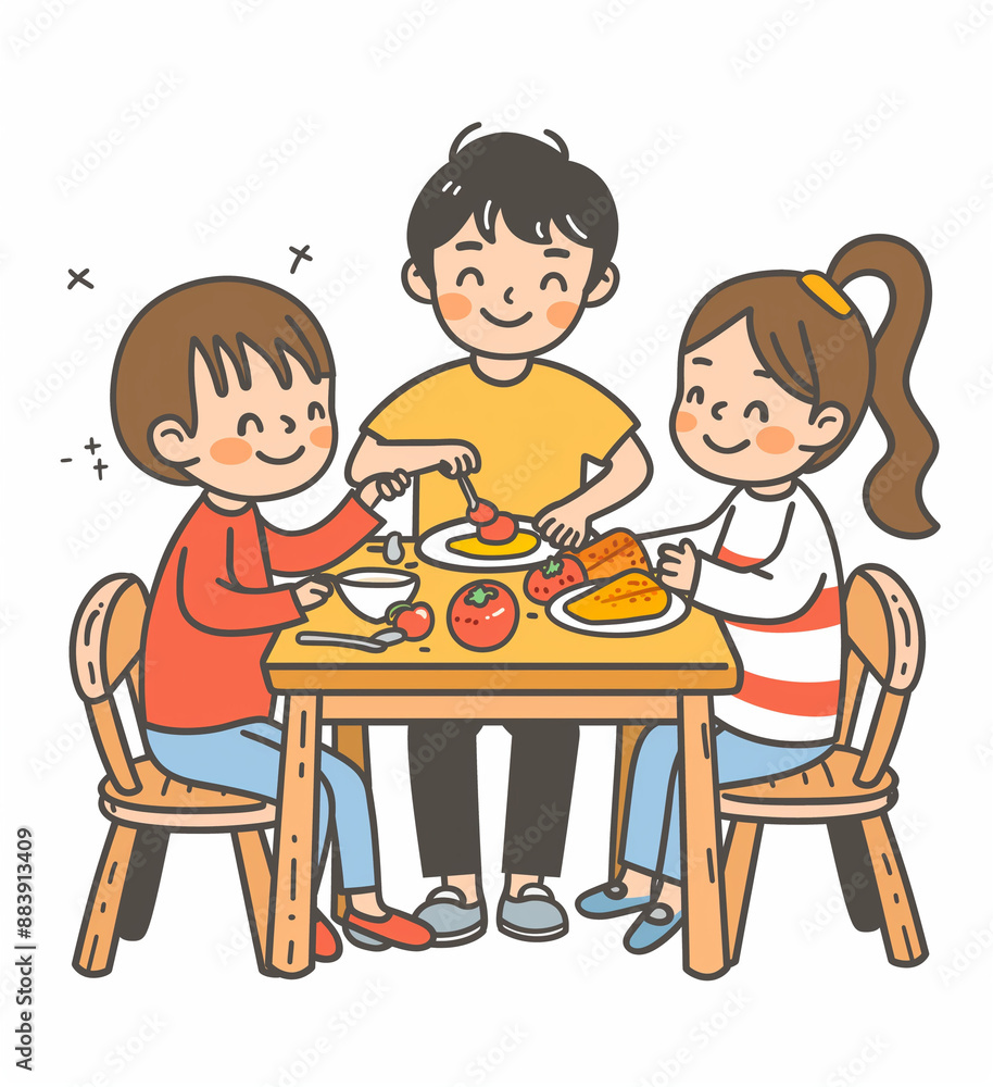 Three Happy Children Eating Together at Dining Table Three Happy Children Eating Together at Dining Table