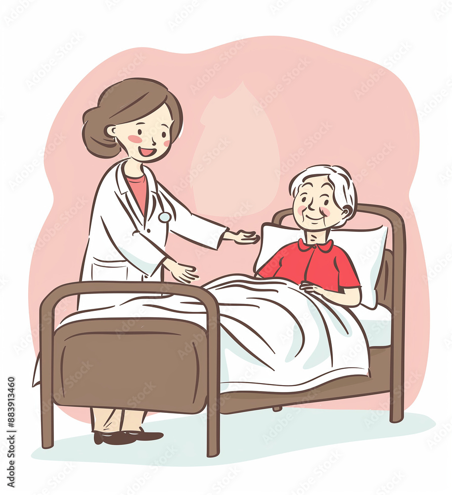 Doctor Smiling at Elderly Patient in Hospital Bed