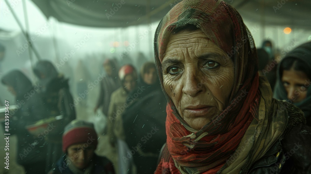 Fototapeta premium Portrait of a weary-looking woman wearing a headscarf in a crowded and dusty environment. AI.