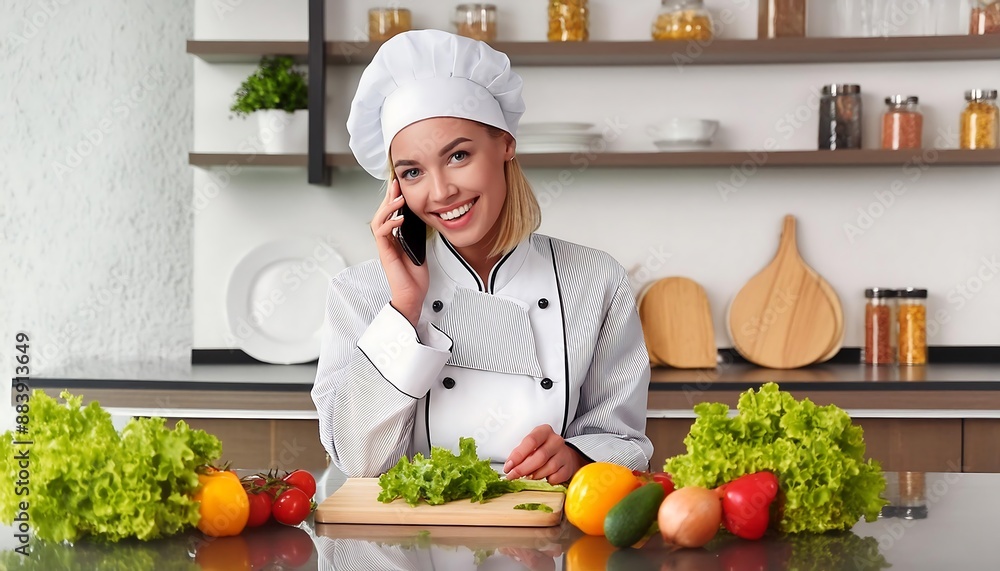 portrait of young chef with mobile phone on table in kitchen. cooking and culinary portrait of young chef with mobile phone on table in kitchen. cooking and culinary