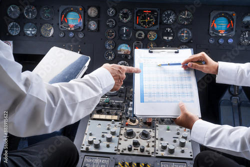фотографія Mature male and female pilots meet inside an airplane, holding hands