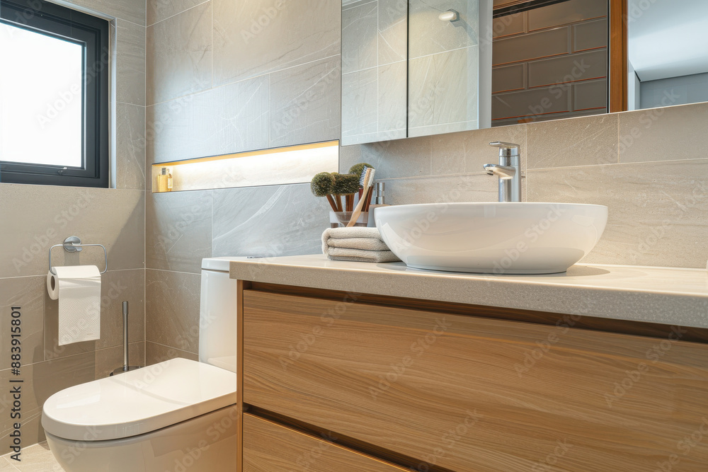 A modern minimalist white bathroom with sink and toilet A modern minimalist white bathroom with sink and toilet