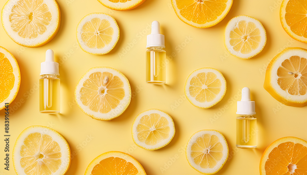 Skincare ampoules with vitamin C and citrus slices on yellow background, flat lay Skincare ampoules with vitamin C and citrus slices on yellow background, flat lay