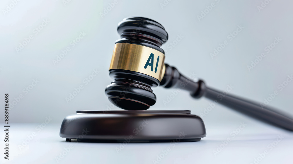 Close-up of a judge's gavel with 'AI' inscription, symbolizing artificial intelligence regulation and legal implications. Close-up of a judge's gavel with 'AI' inscription, symbolizing artificial intelligence regulation and legal implications.