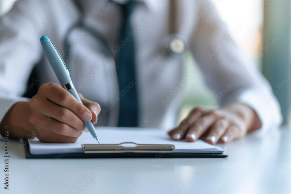 Medical professional writing on a clipboard in a clinical setting, emphasizing healthcare documentation and patient care. Medical professional writing on a clipboard in a clinical setting, emphasizing healthcare documentation and patient care.