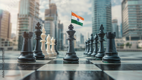 Closeup of army chess pieces on the table, black and white tone, Indian flag background. Ready for battle on the board of intellectual game ideas, and business strategy.