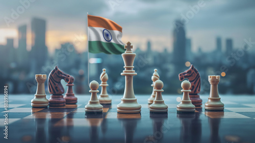 Closeup of army chess pieces on the table, black and white tone, Indian flag background. Ready for battle on the board of intellectual game ideas, and business strategy.