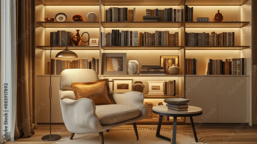 A cozy reading corner with a modern armchair A cozy reading corner with a modern armchair