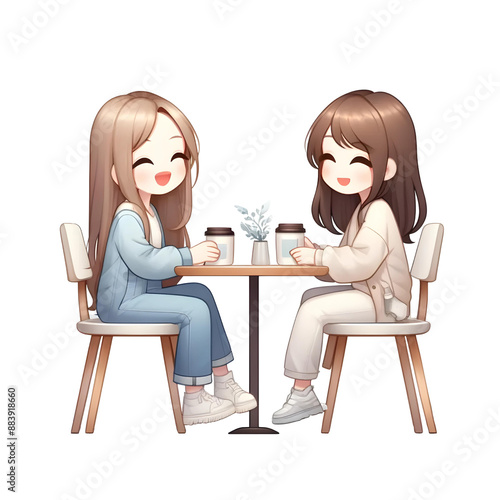 3d two women sitting in a cafe