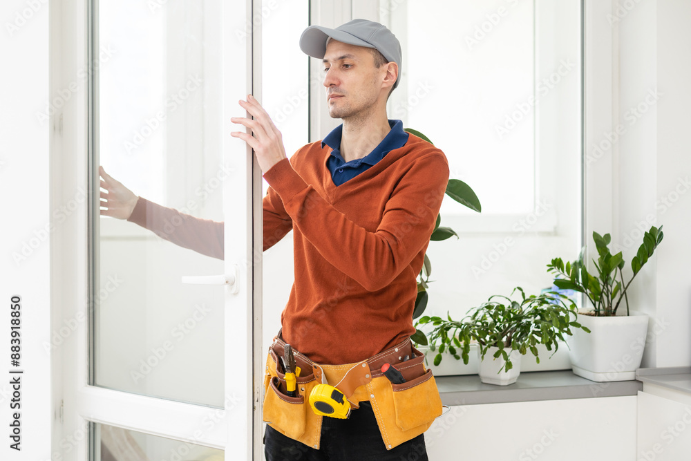 master in protective gloves, changing a double-glazed window in a plastic window. master in protective gloves, changing a double-glazed window in a plastic window.