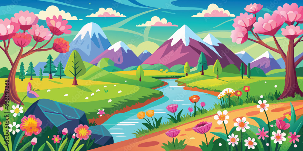 Obraz premium spring landscape background, simple, vector art illustration.AI GENERATED
