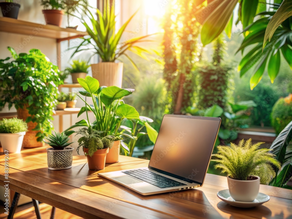 Serene workspace setup featuring a laptop surrounded by lush green plants, bathed in warm sunlight, conveying remote work productivity and peaceful home office ambiance. Serene workspace setup featuring a laptop surrounded by lush green plants, bathed in warm sunlight, conveying remote work productivity and peaceful home office ambiance.
