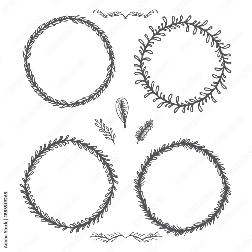 Obraz premium Vector illustration hand drawn floral circle element set 1 isolated in a white background