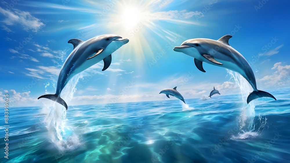 Obraz premium Dolphins leaping gracefully from the cerulean depths mid-air arcs above shimmering sea, AI Generated