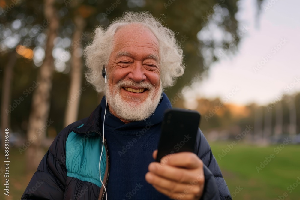 close up up shot of an active senior caucasian man smiling doing sport and listening to the radio outdoors during sunset front view close up up shot of an active senior caucasian man smiling doing sport and listening to the radio outdoors during sunset front view