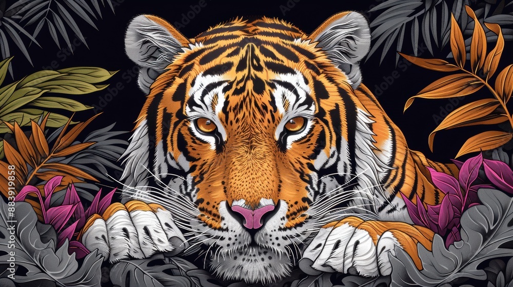 Let your imagination run wild with this coloring book page featuring a beautiful tiger resting among vibrant tropical plants. The intricate details of the tiger's stripes and the lush foliage make Let your imagination run wild with this coloring book page featuring a beautiful tiger resting among vibrant tropical plants. The intricate details of the tiger's stripes and the lush foliage make