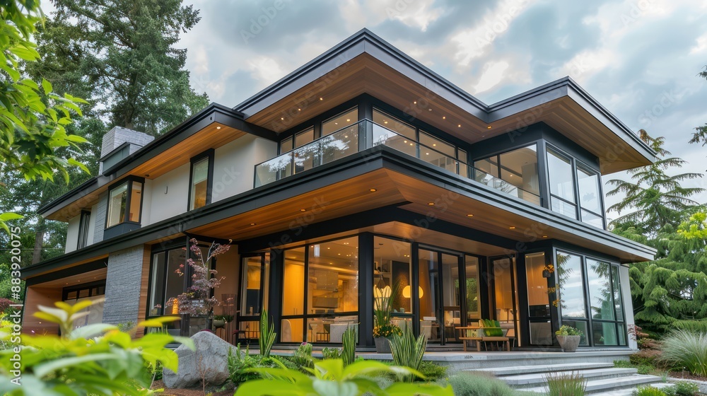 Fototapeta premium Contemporary home exterior with large windows and a minimalist design.