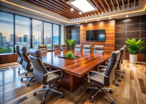 Modern corporate conference room with large wooden table, leather chairs, and digital presentation screen, set for annual meeting with executive and team members.