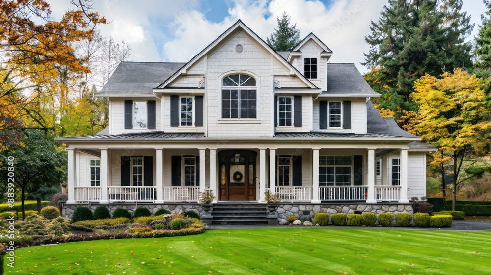 Colonial-style home exterior with a symmetrical facade and a porch. Colonial-style home exterior with a symmetrical facade and a porch.