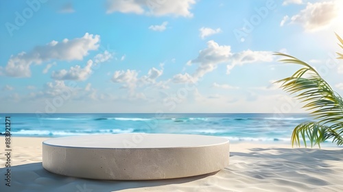 Sea cosmetics beach podium background product summer sand display stand. Product presentation platform with a beach and sky landscape backdrop, blue pedestal, water mockup, stone palm sun, and nature. © kinza