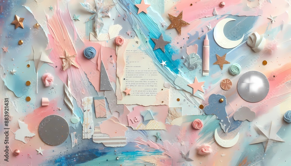 custom made wallpaper toronto digitalA dreamy collage art background with pastel-colored paint strokes, star and moon cutouts, and snippets of handwritten letters.