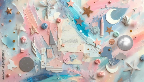 Wallpaper Mural A dreamy collage art background with pastel-colored paint strokes, star and moon cutouts, and snippets of handwritten letters. Torontodigital.ca