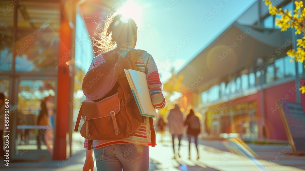 Obraz premium Back view of student walking through campus.