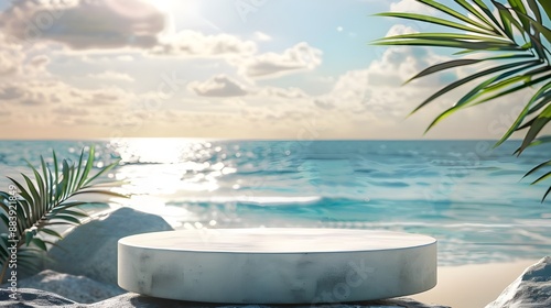 Sea cosmetics beach podium background product summer sand display stand. Product presentation platform with a beach and sky landscape backdrop, blue pedestal, water mockup, stone palm sun, and nature.