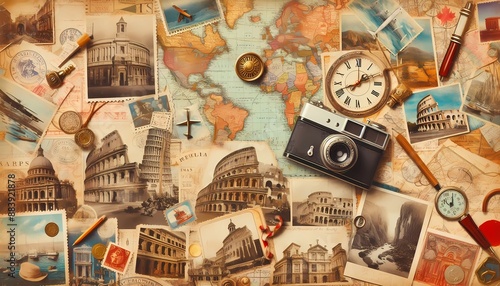 A vintage travel themed collage art background