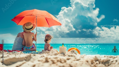 Children enjoying a beach day under a red umbrella.