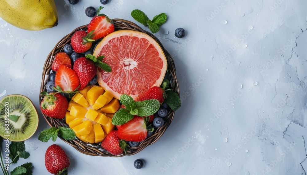 Fresh summer fruit platter with mango, grapefruit, strawberry and blueberries. Fresh summer fruit platter with mango, grapefruit, strawberry and blueberries.