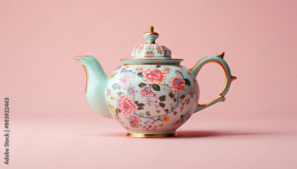 Porcelain Teapot with Floral Design on Pink Background Porcelain Teapot with Floral Design on Pink Background