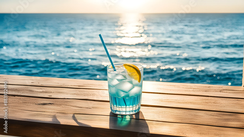 delicious cocktail with sunlight on a wooden table with copy space, ocean background with a spirit of relaxation, Cocktail banners, cocktails posters, and cocktail promotional materials, ai