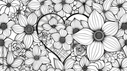 A detailed coloring book page featuring an intricate heart design, filled with floral patterns and delicate line work, perfect for a relaxing and creative activity. © MAY