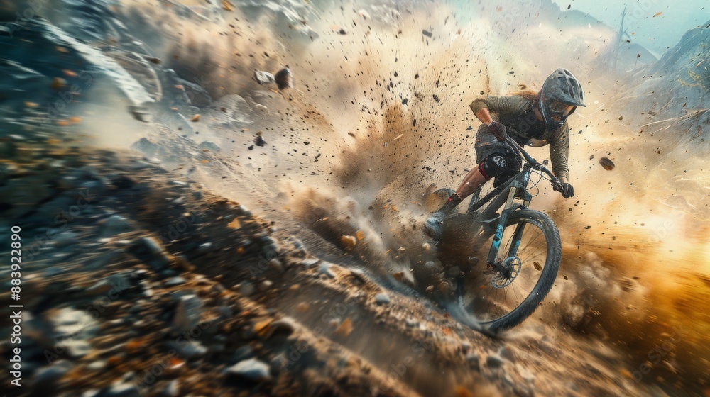 Naklejka premium Mountain Biker Exploding Through Dust.