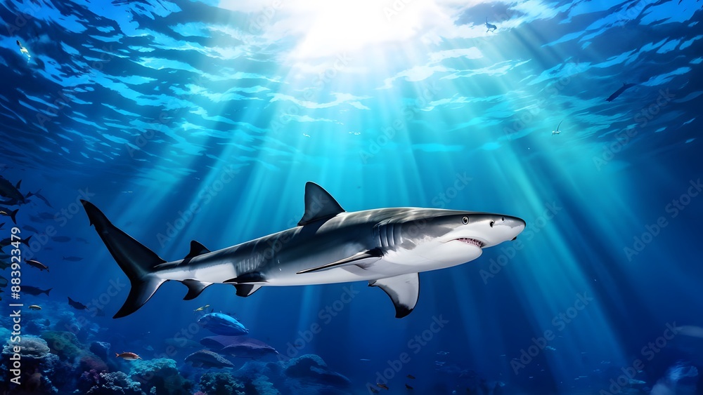 Obraz premium Shark gliding through the depths submerged in the suns filtered rays, AI generated