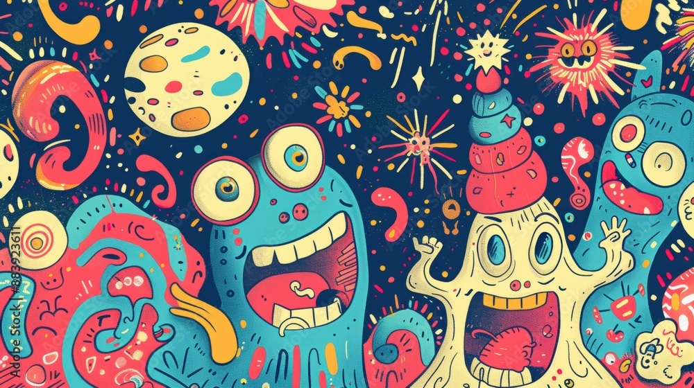 A joyful scene for a New Year's coloring book, featuring cheerful characters celebrating the arrival of the new year with fireworks and confetti. A joyful scene for a New Year's coloring book, featuring cheerful characters celebrating the arrival of the new year with fireworks and confetti.