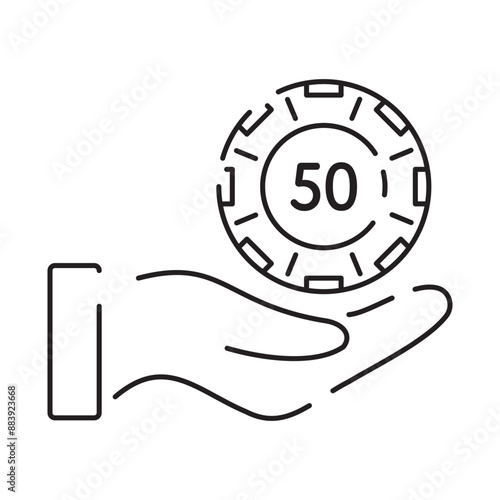 Casino line icon. Poker cards, dice and chips, slot machine symbols and money