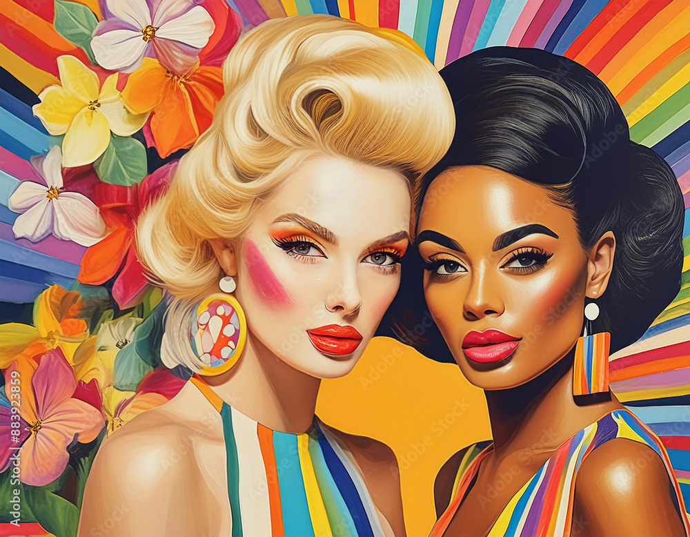 Fototapeta premium 1960s Pop Art: Lesbian Love in Fashionable Retro Style, LGBT Lovers