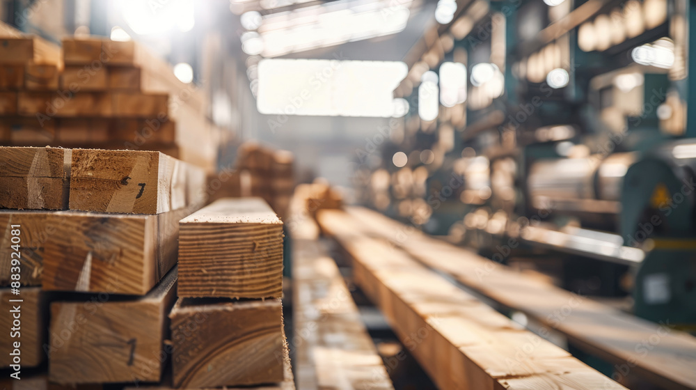 A stack of wooden planks were in the warehouse, ready for production A stack of wooden planks were in the warehouse, ready for production